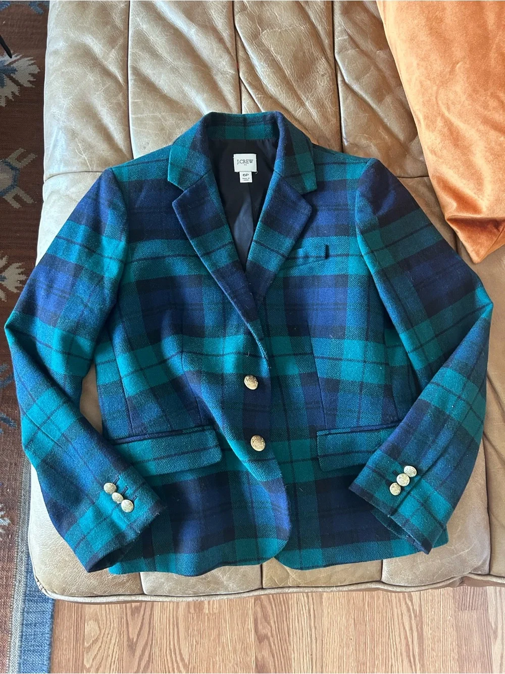 J. Crew equestrian Polo Blue Plaid Double-Breasted suit Blazer gold buttons S 6